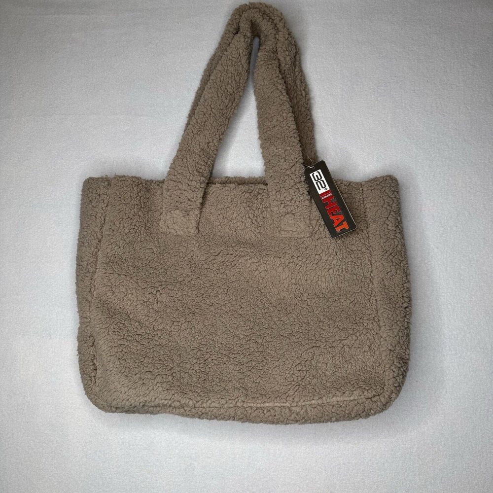 32 Degrees Heat NWT‎ Sherpa Fleece Tote Bag Taupe/Tan Snap Closure - Picture 2 of 12